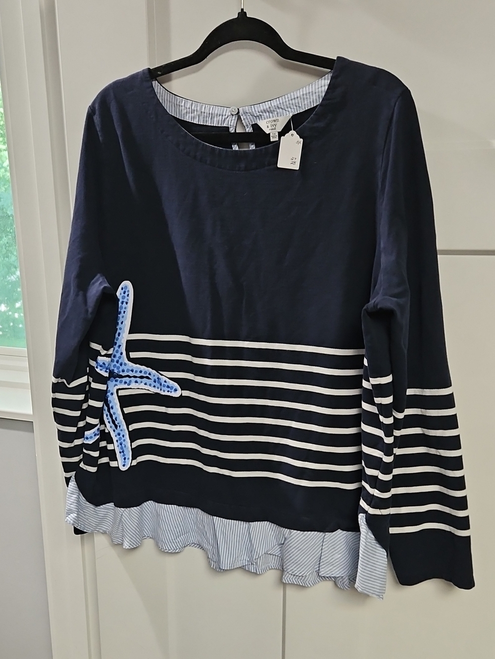 crown & ivy Navy Striped Top with Blue Starfish Applique